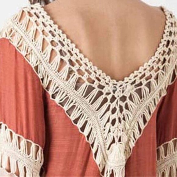 Women's V-Neck Long Sleeves Loose Crochet Hollow Summer Swimsuit Coverups - Picture 4 of 5